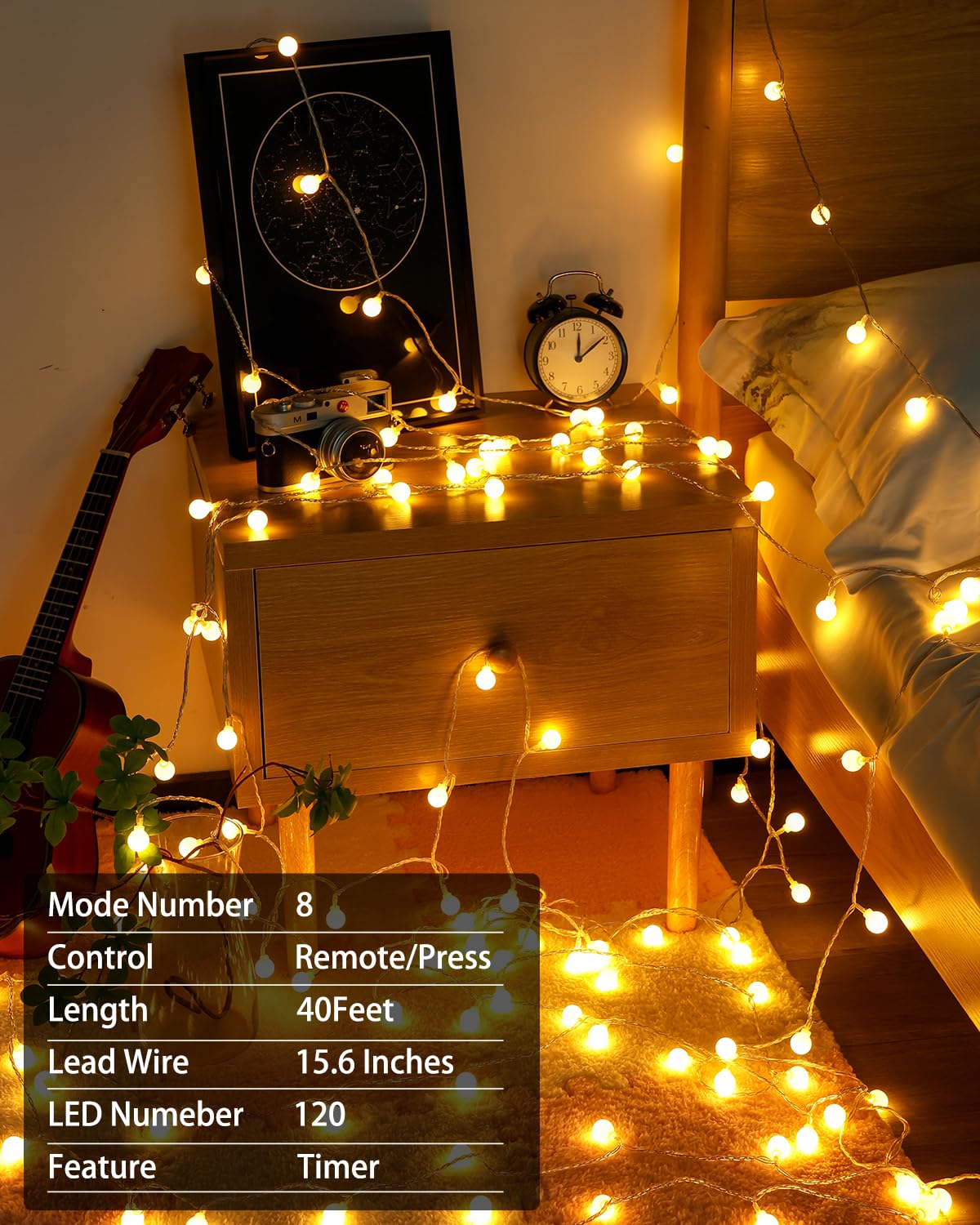 RadiHub Globe String Lights,Battery Operated Lights with Remote Timer Waterproof, 40FT 120LED 8 Modes Indoor Outdoor Fairy String Lights for Bedroom,Wedding,Tent,Camping,Party,Garden,Bar,Warm White RadiHub