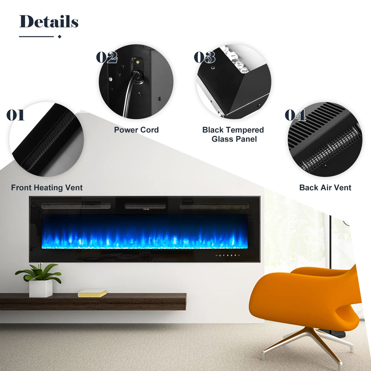 oneinmil Electric Fireplace, 60 inch Wide Recessed and Wall Mounted Electric Fireplace, 750W/1500W, 12 Color Flame, Remote Control, Log Set & Crystal oneinmil