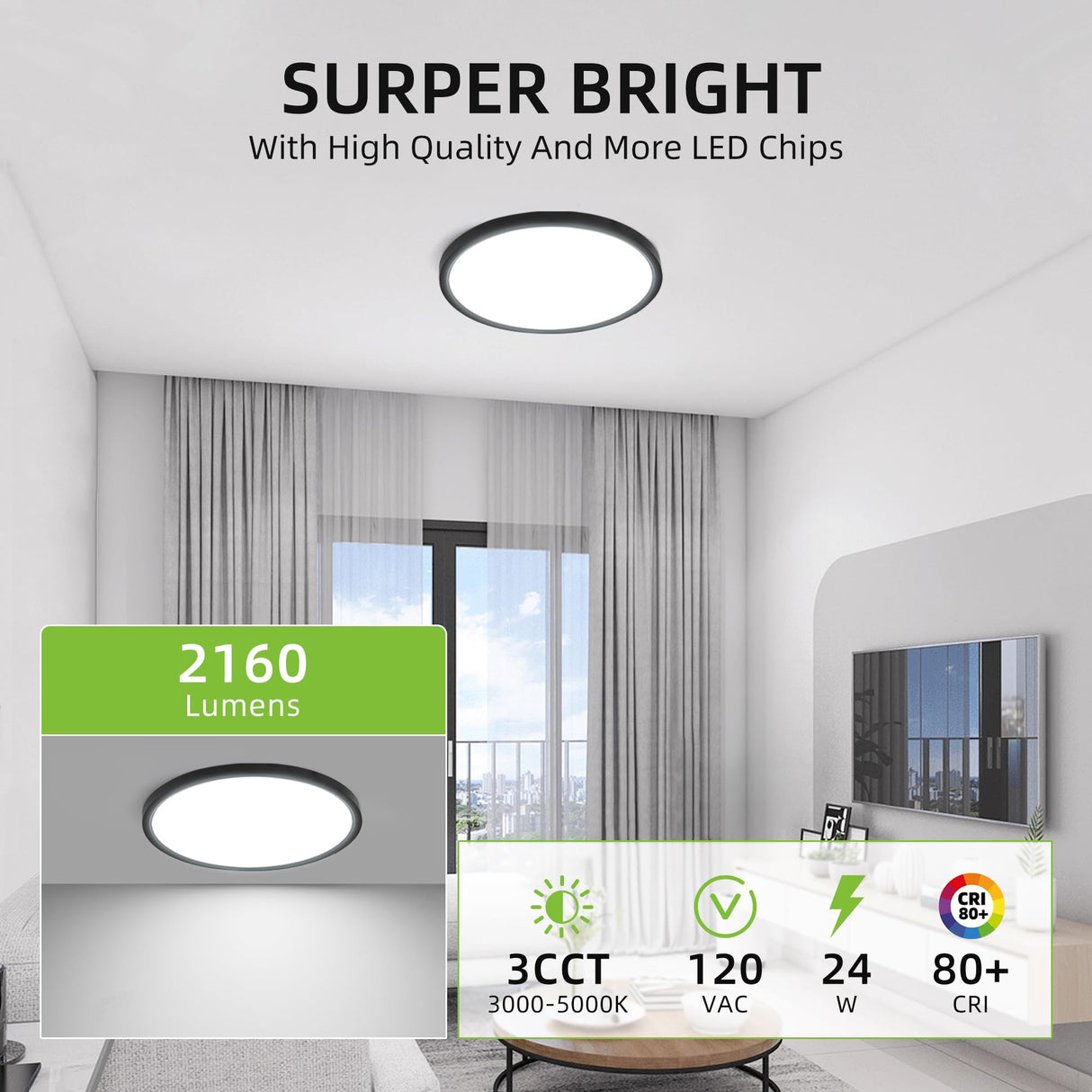 hykolity 12 Inch Selectable CCT LED Round Flat Panel Light, 24W 3000K/4000K/5000K, Edge-Lit Flush Mount Ceiling Light Fixture for Kitchen, Bedroom, Laundry and Closet Room，Black hykolity