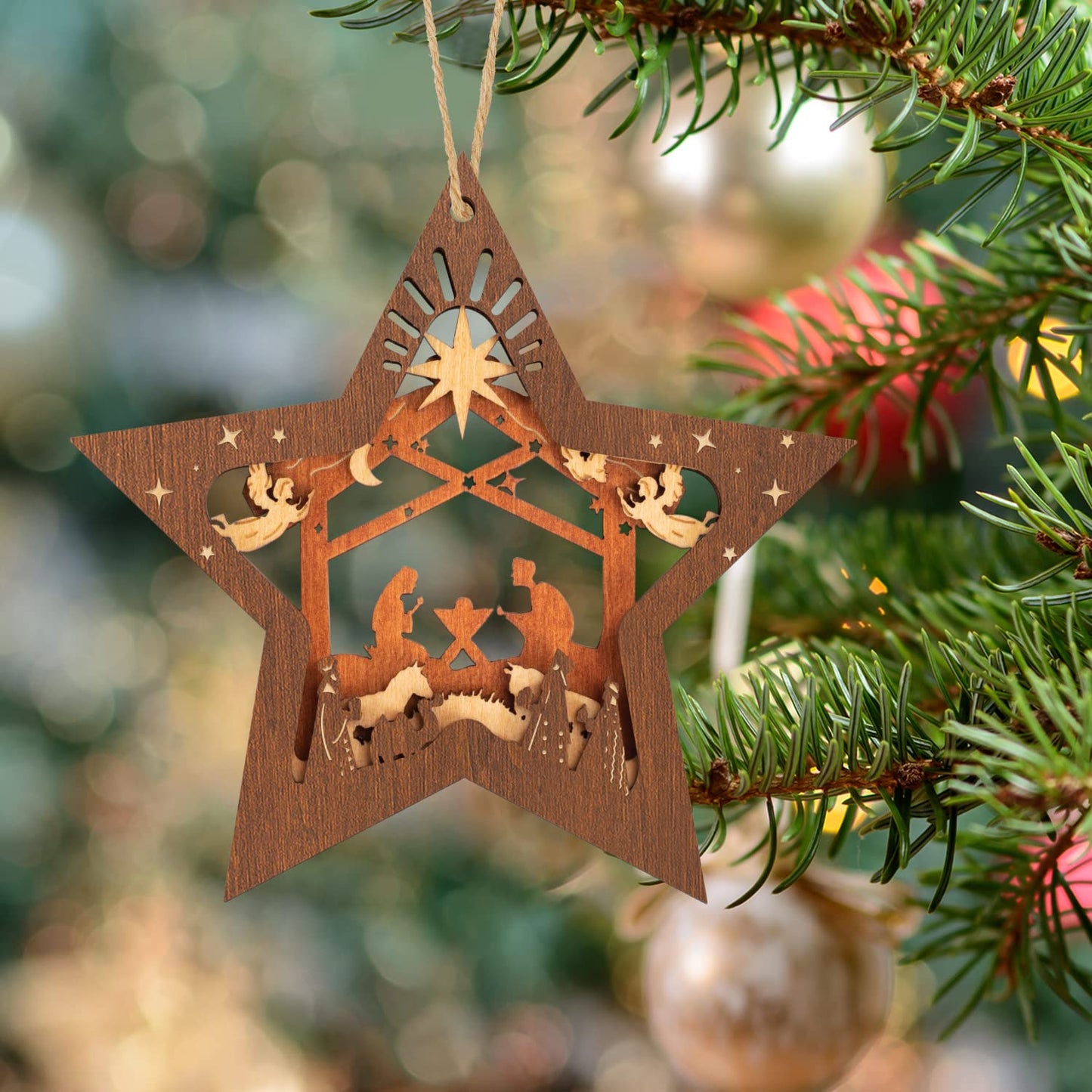 Creawoo Nativity Scene Ornaments, Christmas Wooden Hanging Ornament Star Shaped Nativity Scene Keepsake for Xmas Tree, The Birth of Jesus Decoration, Religious Gift for Family Friends and Christian