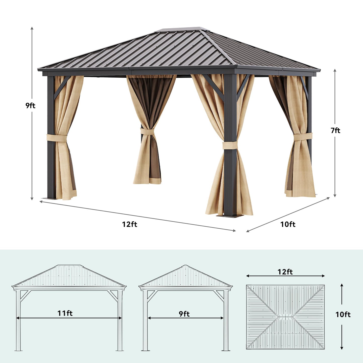 YITAHOME 10x12ft Hardtop Gazebo with Nettings and Curtains, Heavy Duty Galvanized Steel Outdoor Vertical Stripes Roof for Patio, Backyard, Deck, Lawns, Brown - WoodArtSupply