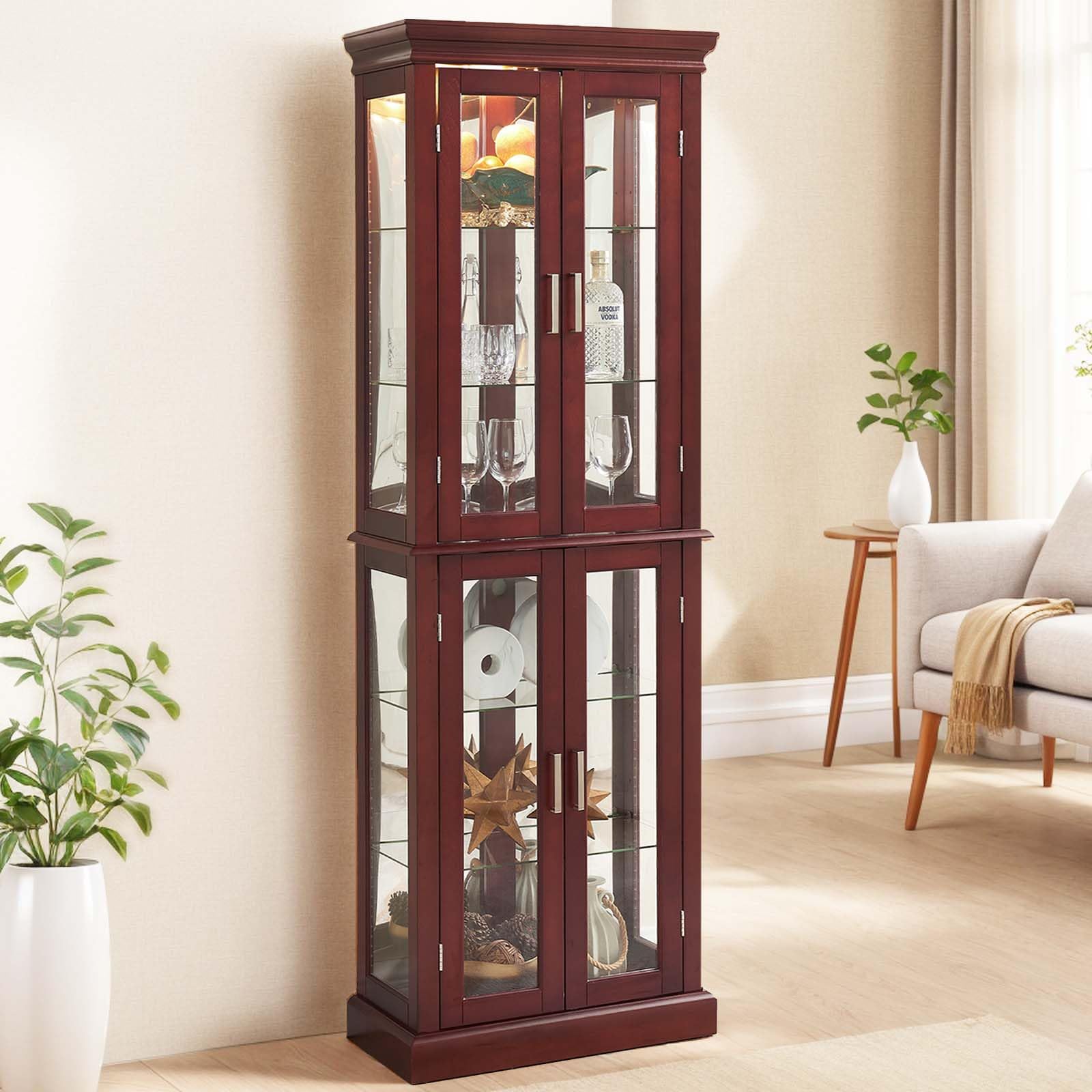 Curio Cabinet Wooden Display Cabinet,Curio Cabinet with Adjustable Glass Shelves Vintage, Lighted Curio Diapaly Cabinet,Vintage Accent Storage Cabinet with 6 Shelves,70" Curio Cabinet(Cherry) - WoodArtSupply