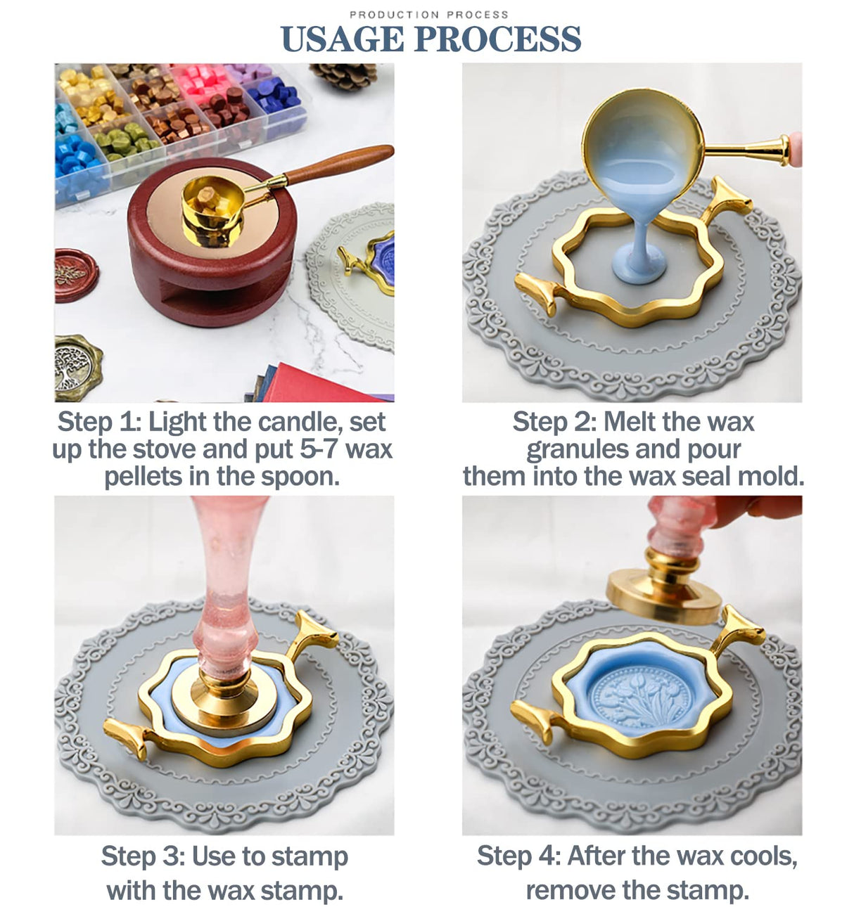 Wax Seal Stamp Kit with Gift Box, 672 Pcs Wax Seal Beads, 4 Pcs Wax Stamps, 2 Pcs Wax Seal Molds, Sealing Wax Warmer, Spoon, Mat, Metallic Pens, Candles, Wax Seal Kit for Craft Gift KKSUBCA