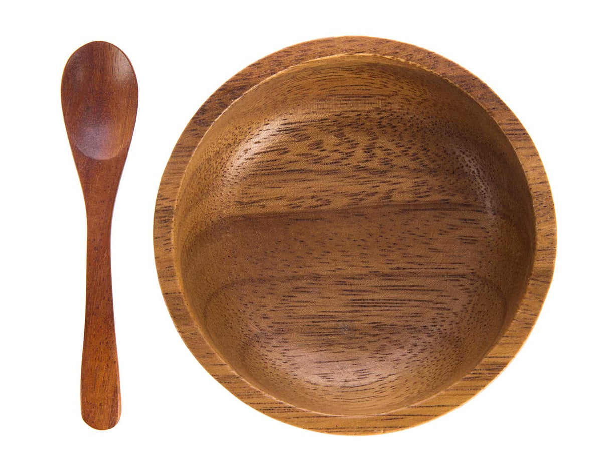 BestySuperStore Small Round Wood Bowls 4 Pcs 3¾" Diameter 1½" High Stackable Acacia Wooden Bowl Set with 4 spoons for serving salad salsa dip sauce snack cereal fruit Decor Tableware Side Dish Sets BestySuperStore