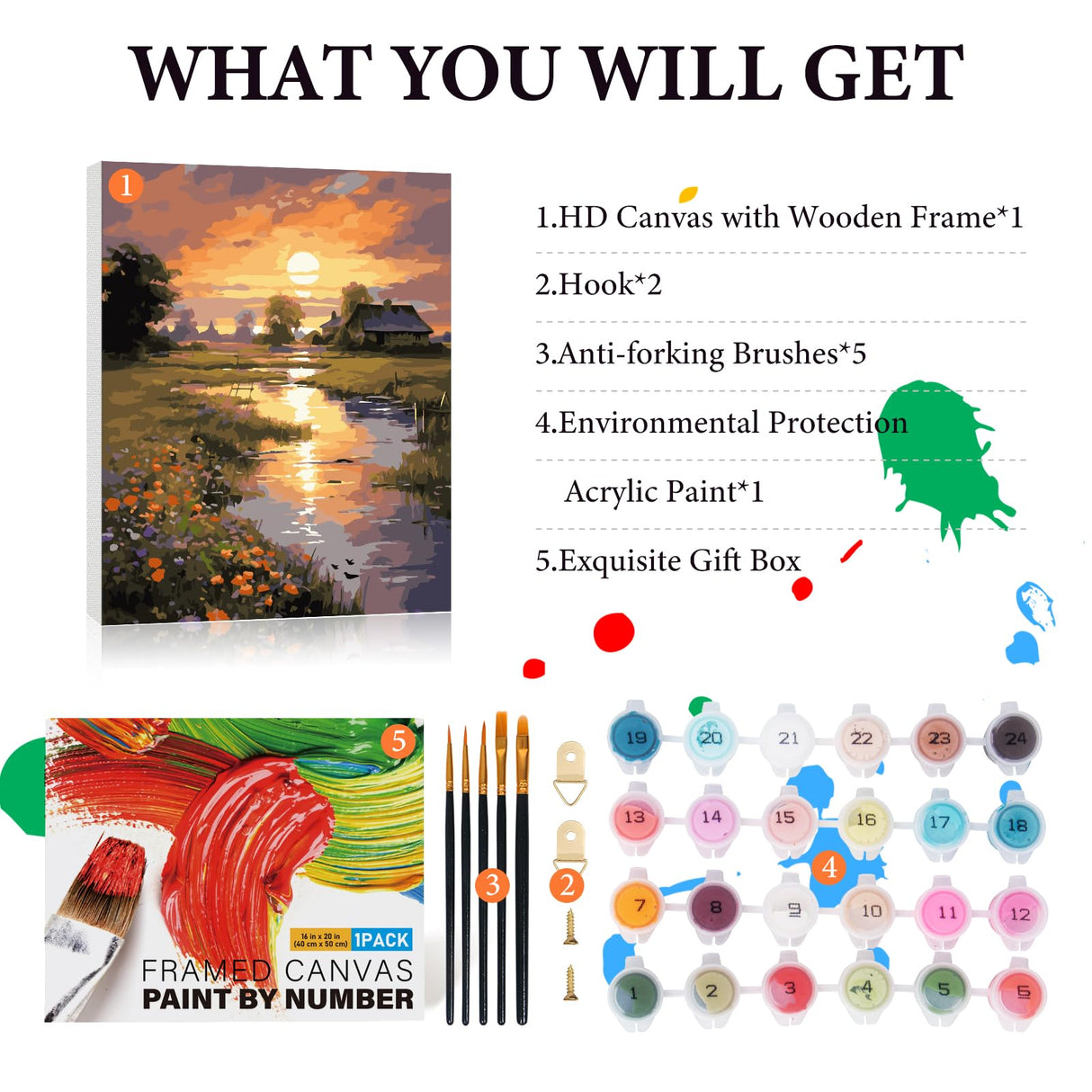 Framed Paint by Numbers Kit for Adults Beginner, Countryside Sunset Adult Paint by Number Kits on Canvas, Riverside Cabin Oil Painting by Numbers for Home Decor Gift 16” W x 20”L Fountor