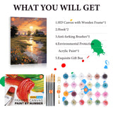Framed Paint by Numbers Kit for Adults Beginner, Countryside Sunset Adult Paint by Number Kits on Canvas, Riverside Cabin Oil Painting by Numbers for Home Decor Gift 16” W x 20”L Fountor