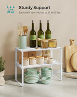 SONGMICS Cabinet Organizer Shelf, Set of 2 Kitchen Counter Shelves, Kitchen Storage, Spice Rack, Stackable, Expandable, Metal and Engineered Wood, Cloud White and Snow White UKCS025W01 SONGMICS