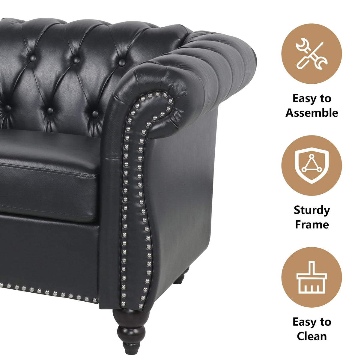 RUSTYER Chesterfield Loveseat Sofa, Modern Leather Small Sofa Couch 2 Seater with Rolled Arms and Nailhead, Mid Century Modern Loveseat Couch for Small Spaces Living Room Bedroom Apartment, Black RUSTYER