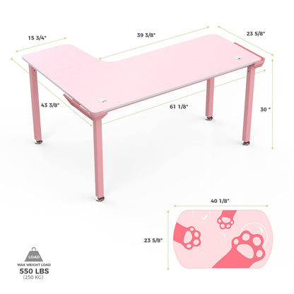 It's_Organized 61 Inch L Shaped Gaming Desk,Space-Saving Corner Desk with Cat Paw Mousepad,Modern PC Computer Study Writing Table for Girl,Easy to Assemble,Pink