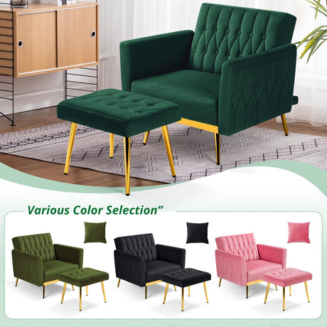 ACMEASE Velvet Accent Chair with Adjustable Armrests and Backrest, Button Tufted Lounge Chair, Single Recliner Armchair with Ottoman and Pillow for Living Room, Bedroom, Green ACMEASE