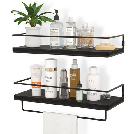 ZGO Floating Shelves for Wall Set of 2, Wall Mounted Storage Shelves with Black Metal Frame and Towel Rack for Bathroom, Bedroom, Living Room, Kitchen, Office (Black) ZGO