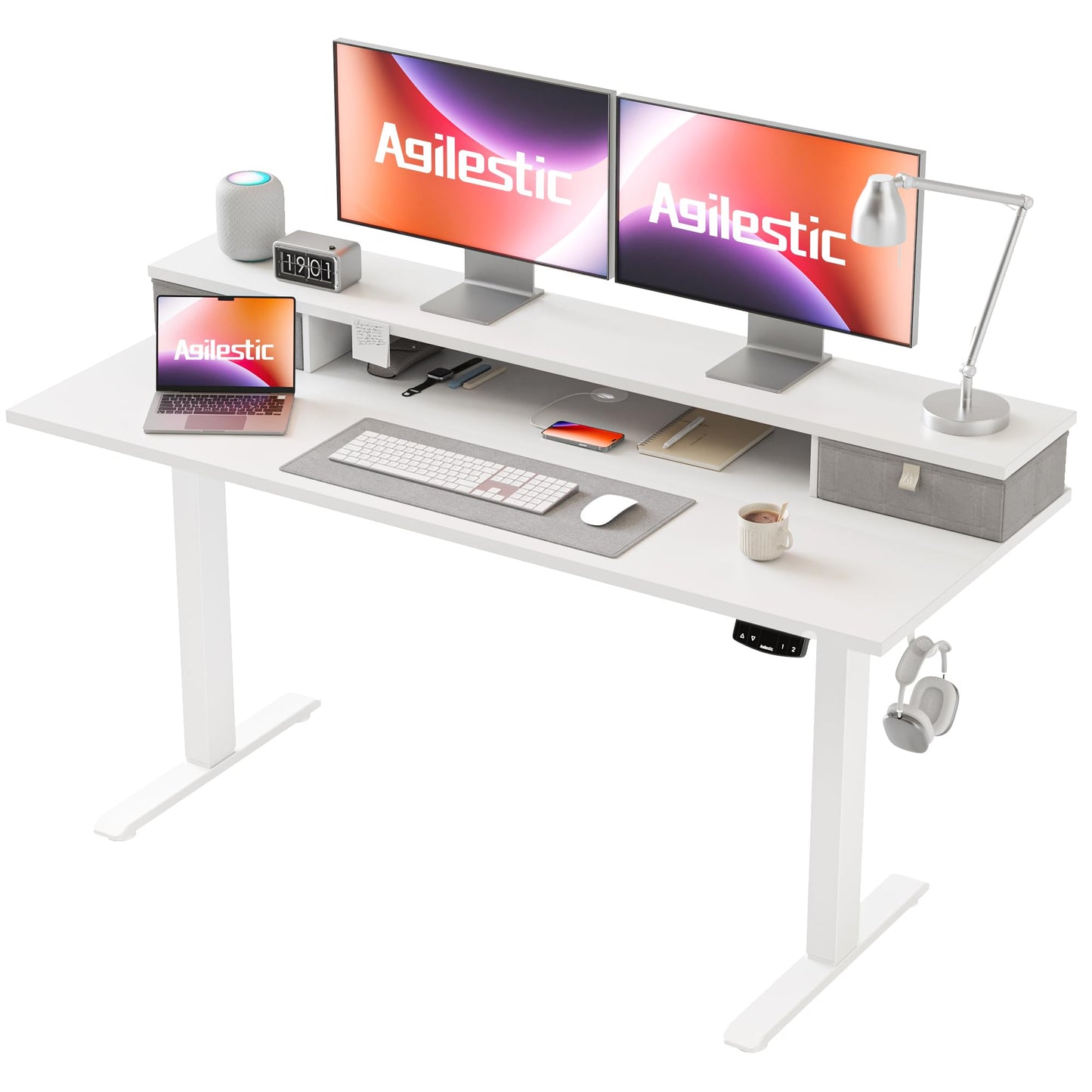 Agilestic 55 x 24 Inches Electric Standing Desk with 2 Storage Drawers, Stand Up Desk Adjustable Height, Sit and Stand Computer Table with Splice Board, White