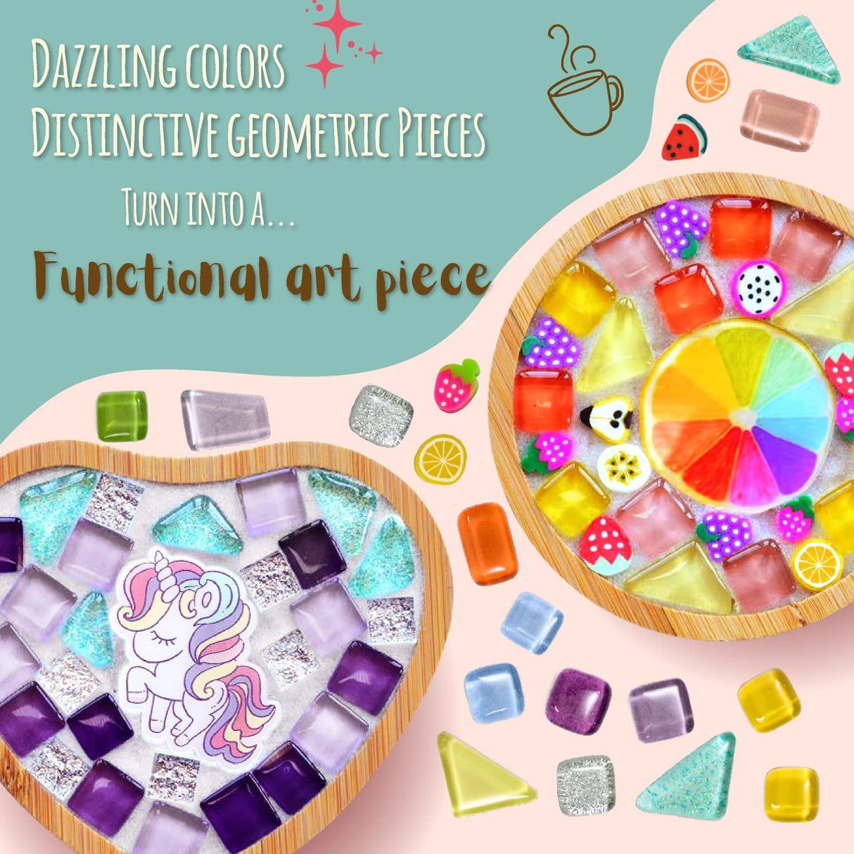 Glittery Garden Mosaic Craft Kit - Decorate Your Own Unicorn and Rainbow Design Coaster with Glass Tiles. Birthday Gift, Fun DIY Art and Craft Supplies. Girls, Kids & Teens Activity Kit Glittery Garden