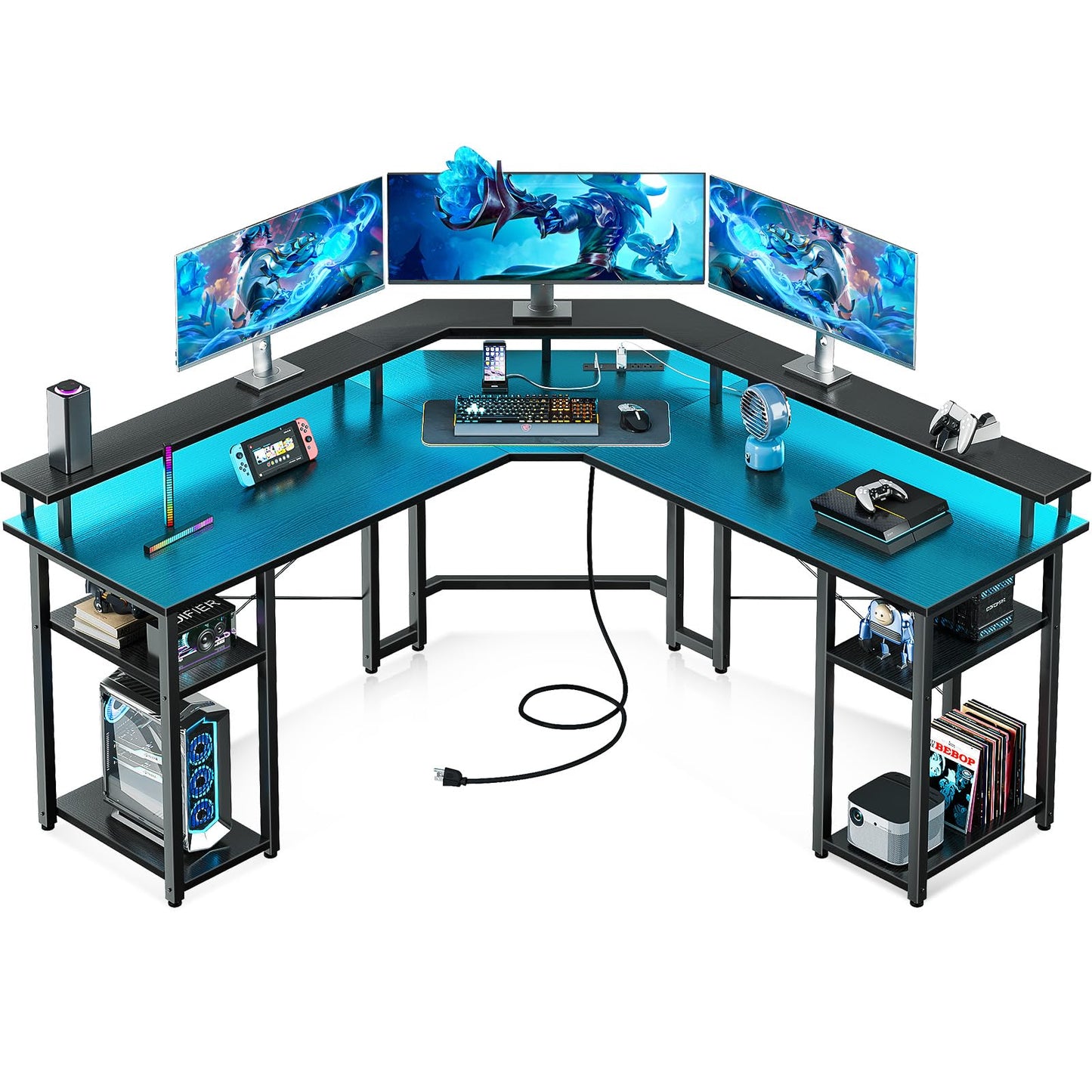 Coleshome L Shaped Gaming Desk with LED Lights & Power Outlets, Reversible 56" Computer Desk with Full Monitor Stand & Storage Shelves, Ergonomic Home Office Corner Desk, Black - WoodArtSupply