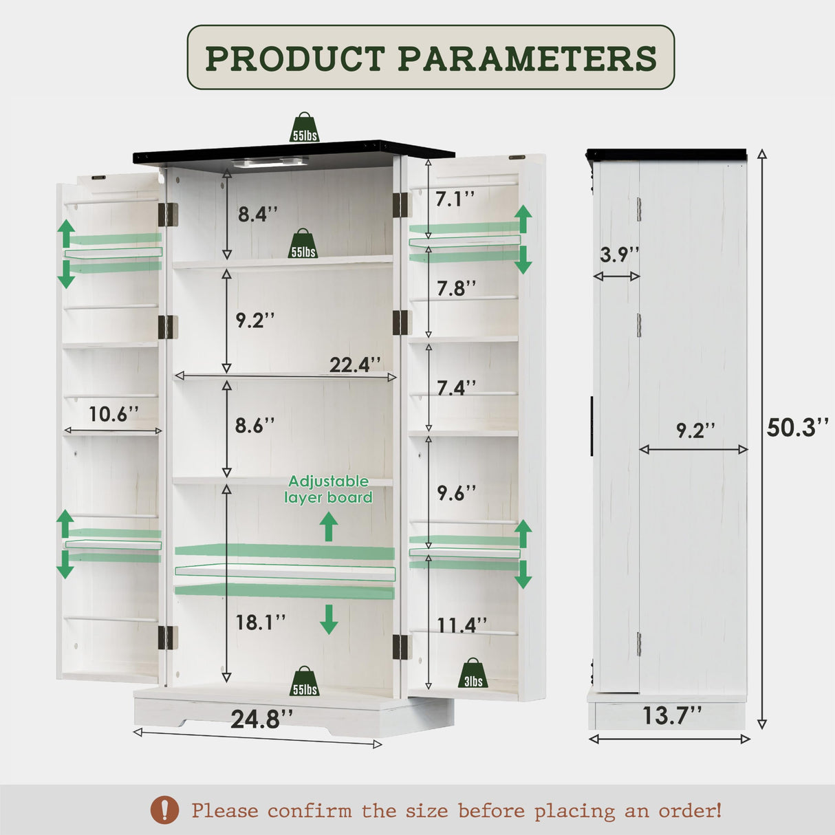 50" Kitchen Pantry Farmhouse Storage Cabinets - Led Food Cabinets Cupboards with 2 Barn Doors and Shelves Adjustable for Small Space in Dinning or Living Room, in Distressed White Furnaza