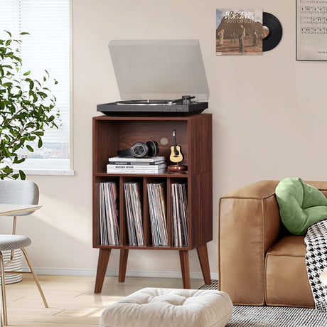 Lerliuo Record Player Stand, Walnut Turntable Stand Holds up to 160 Albums, Mid-Century Vinyl Storage Cabinet Table with Solid Wood Legs, Record Player Holder Dispaly Shelf for Bedroom Living Room Lerliuo