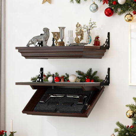 Gurexl 24''L x 13''W x 4''D Gun Rack with Magnetic Lock, Solid Wood Compact Gun Shelf with Secure Hidden Compartment for Wall Mount Display, Indoor Storage Security Safe Box for Home Gurexl