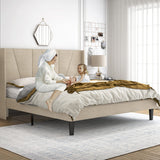 HOOMIC King Size Modern Beige Platform Bed Frame with Geometric Wingback Headboard HOOMIC