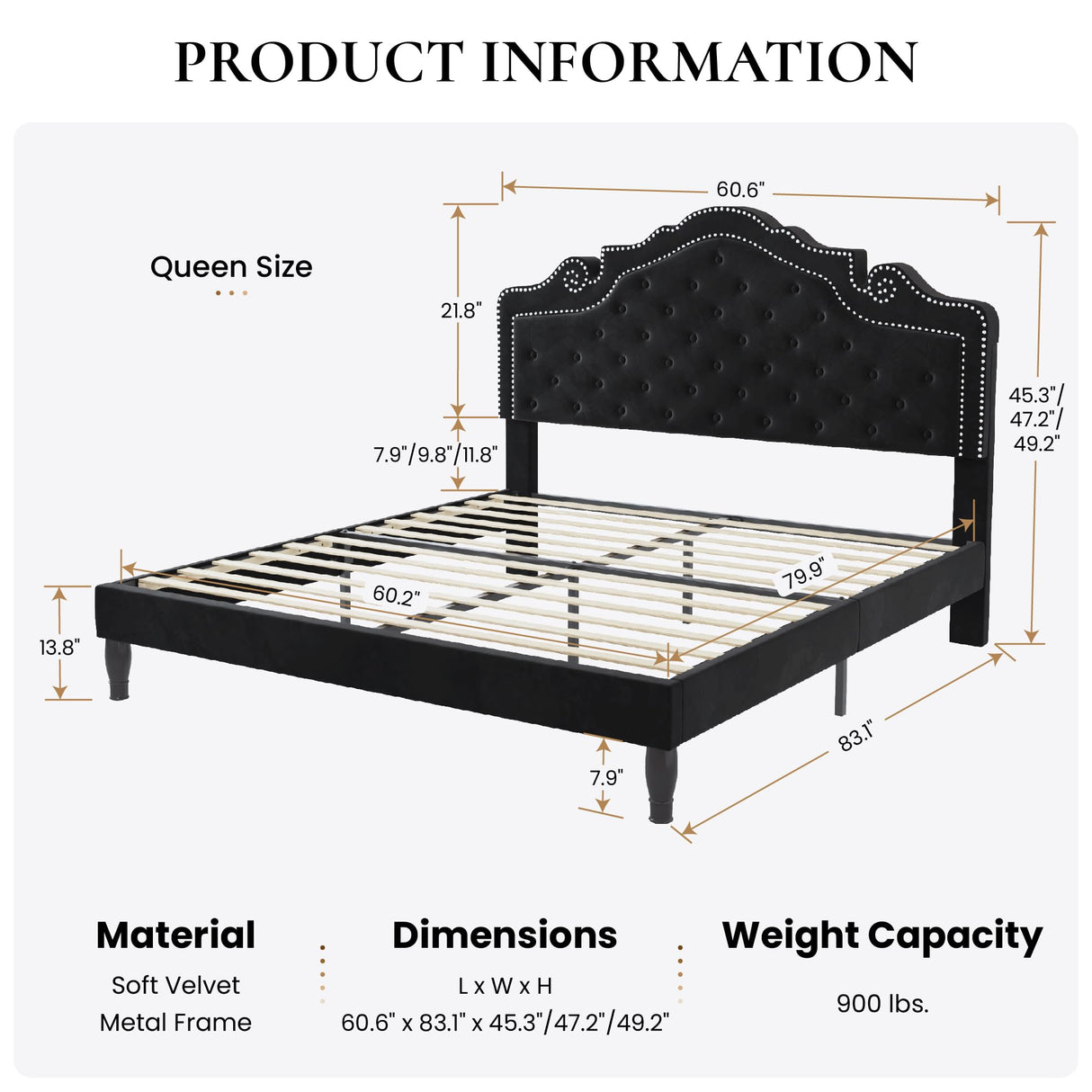 SHA CERLIN Queen Bed Frame with Adjustable Headboard/Velvet Upholstered/Diamond Button Tufted and Metal Studs/No Box Spring Needed/Wood Slat Support/Easy Assembly/Black SHA CERLIN