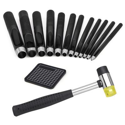 TLKKUE Hole Punch(1.0-10mm), Round Leather Working Hollow Punch Steel Heavy Duty Hole Punches with Leather Carving Hammer Cutting Mat for Watch Band, Belt, Wristband DIY Crafting