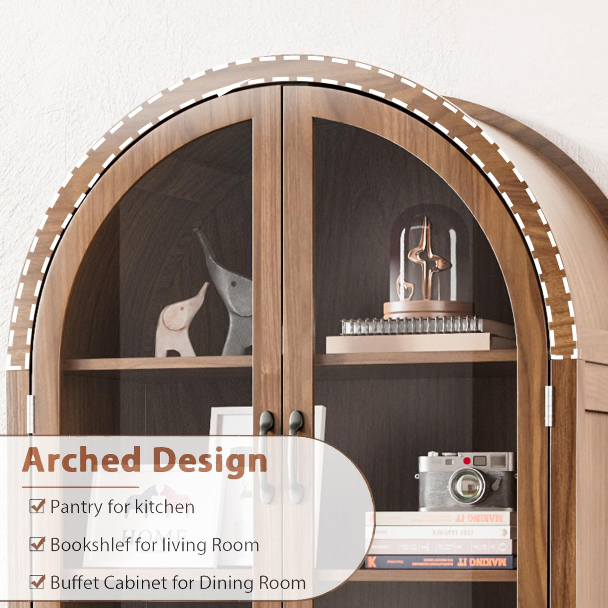 70.9'' Tall Arched Display Cabinet with Acrylic Glass Doors, Modern 5-Tier Arched Bookcase, Kitchen Pantry Storage Cabinet Curio Cabinets for Living Dining Room (Walnut, 31.5‘’W) Lxsxlome