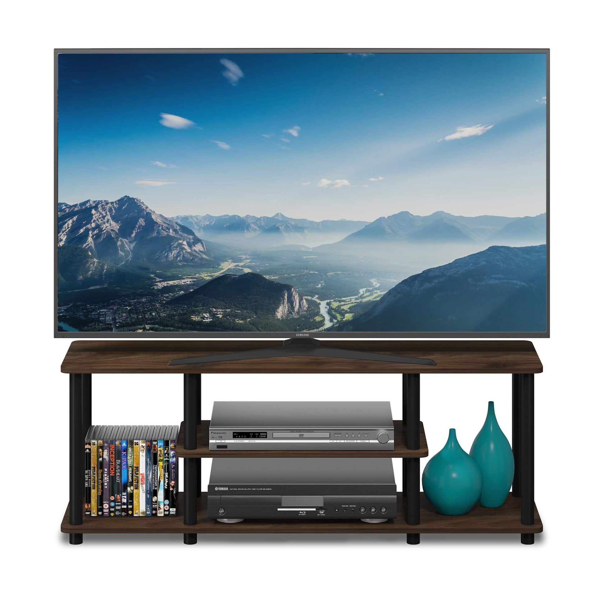 Furinno Turn-N-Tube No Tools 3D 3-Tier Entertainment TV Stand up to 50 inch TV, Round Tubes, Columbia Walnut/Black - WoodArtSupply