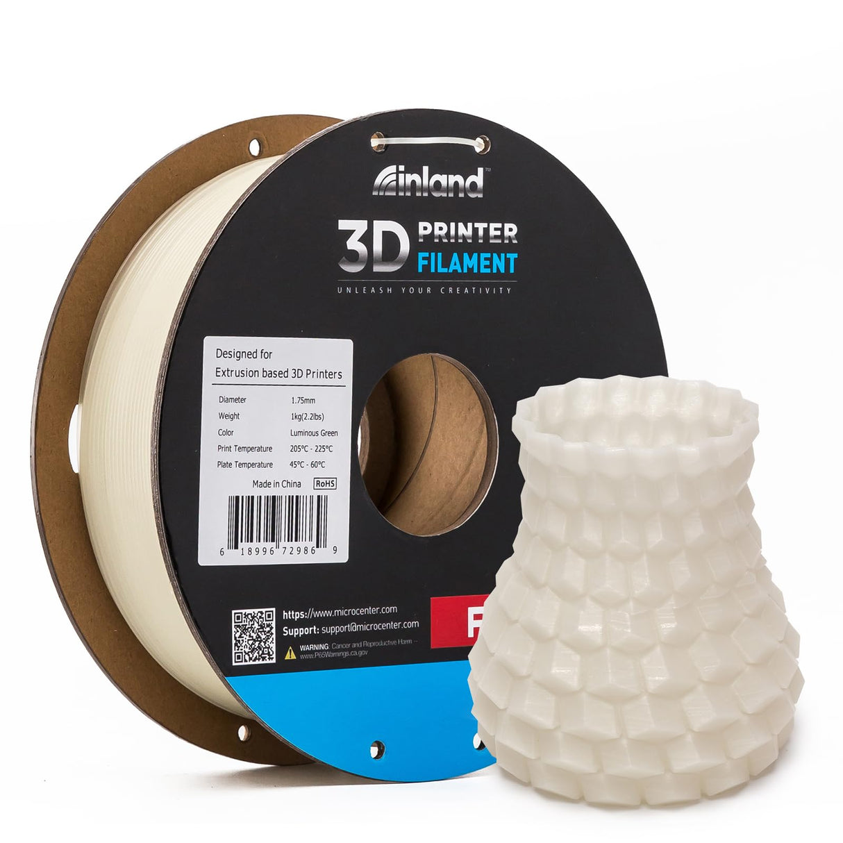 INLAND Micro Center PLA+ 3D Printing Filament 1.75mm, Green Glow in The Dark - Glowing PLA Plus 3D Printer Filament - PLA Pro Dimensional Accuracy +/- 0.03 mm - 1 kg Cardboard Spool (2.2 lbs) INLAND
