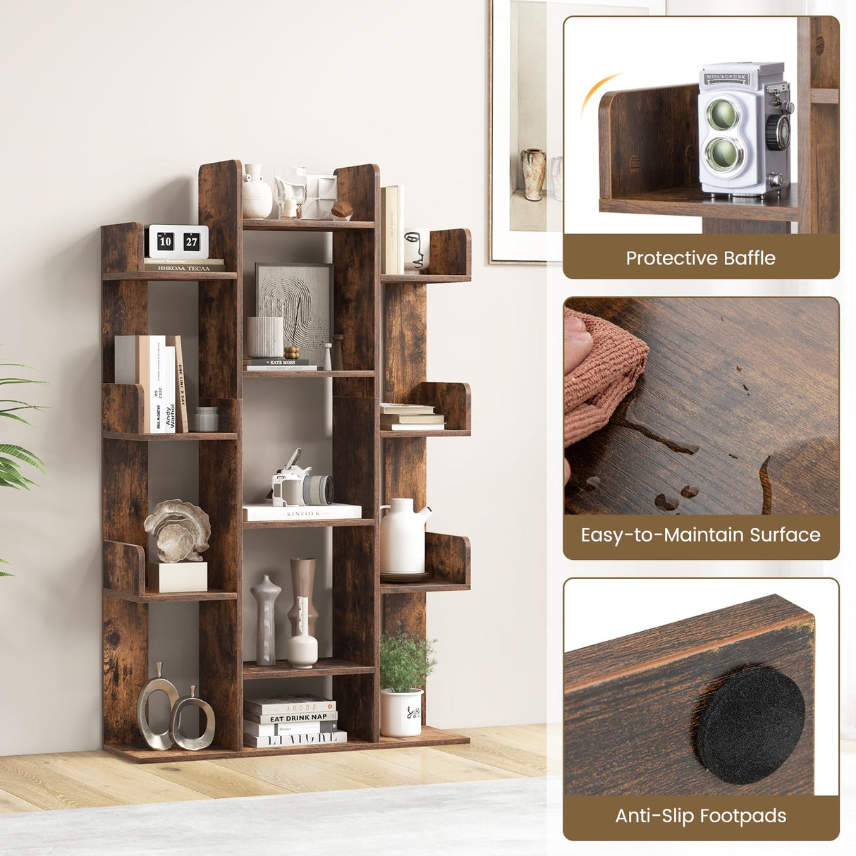 Tangkula Freestanding Tree Bookshelf, Corner Storage Organizer with 13 Open Shelves, Decorative Display Cube Shelf for Living Room, Study, Office, 34 x 9.5 x 55.5 Inch (1, Rustic Brown) Tangkula