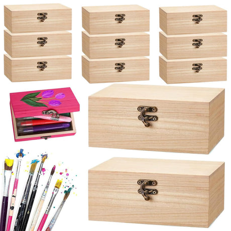 RHBLME 10 PACK Wooden Box with Hinged Lid, Unfinished Unpainted Wooden Boxes for Crafts, Large Wooden Box Unfinished Wood Box for DIY Storage Jewelry Plain Pine Box RHBLME