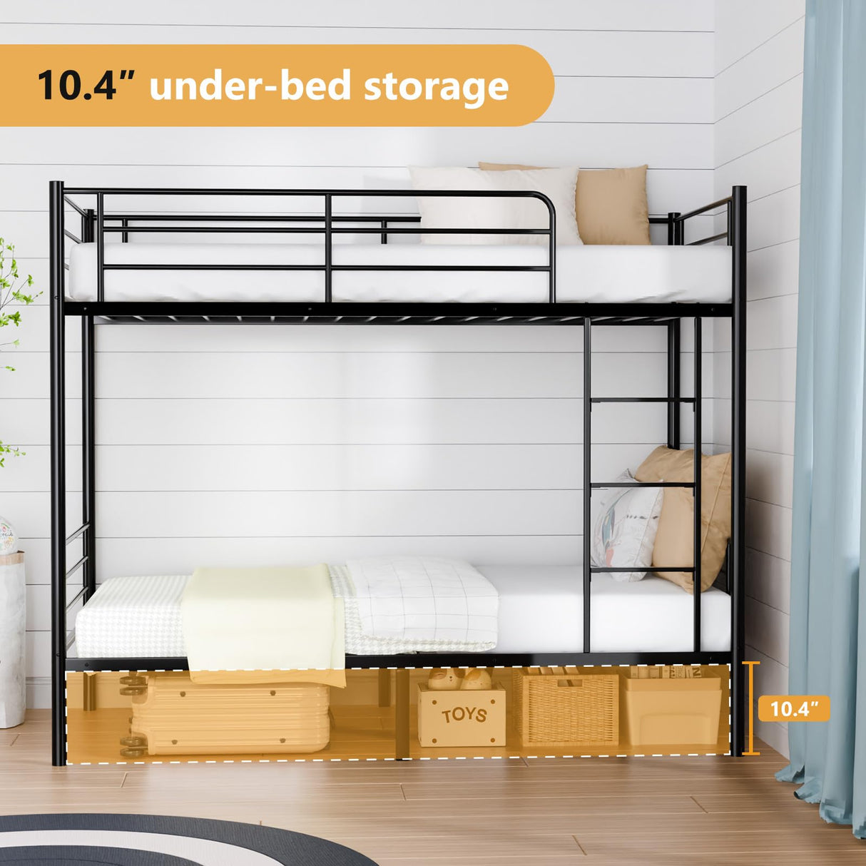 Bonnlo Bunk Bed Twin Over Twin with 13 inches Tall Guardrail, Metal Twin Bunk Bed with Flat Rungs Design,No Boxing Spring Needed, Black Bonnlo