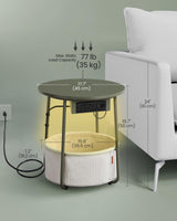 VASAGLE Side Table with Charging Station, Round End Table with Fabric Basket, LED Nightstand with Power Outlets, USB Ports, for Living Room, Bedroom, Modern, Forest Green and Cream White ULET227C01 VASAGLE