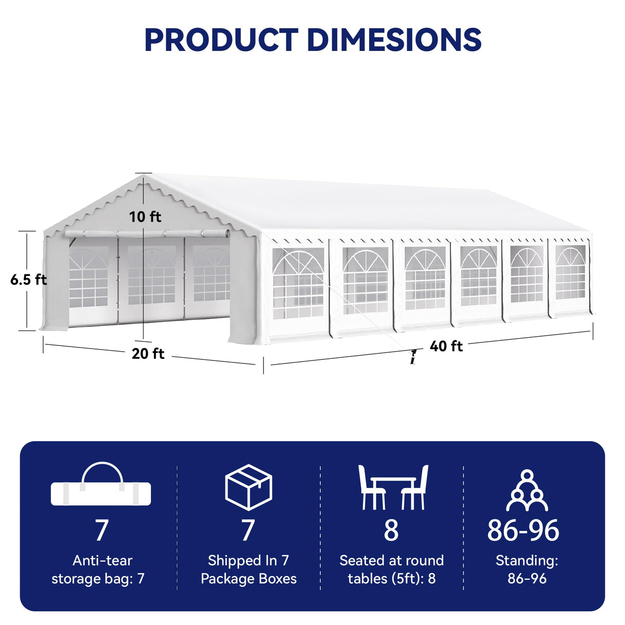 PHI VILLA 40'x20' Outdoor Heavy Duty Party Tent Large Commercial Canopy Wedding Event Shelter with Removable Sidewalls & 7 Storage Bags for Patio Outdoor Garden Events, White PHI VILLA
