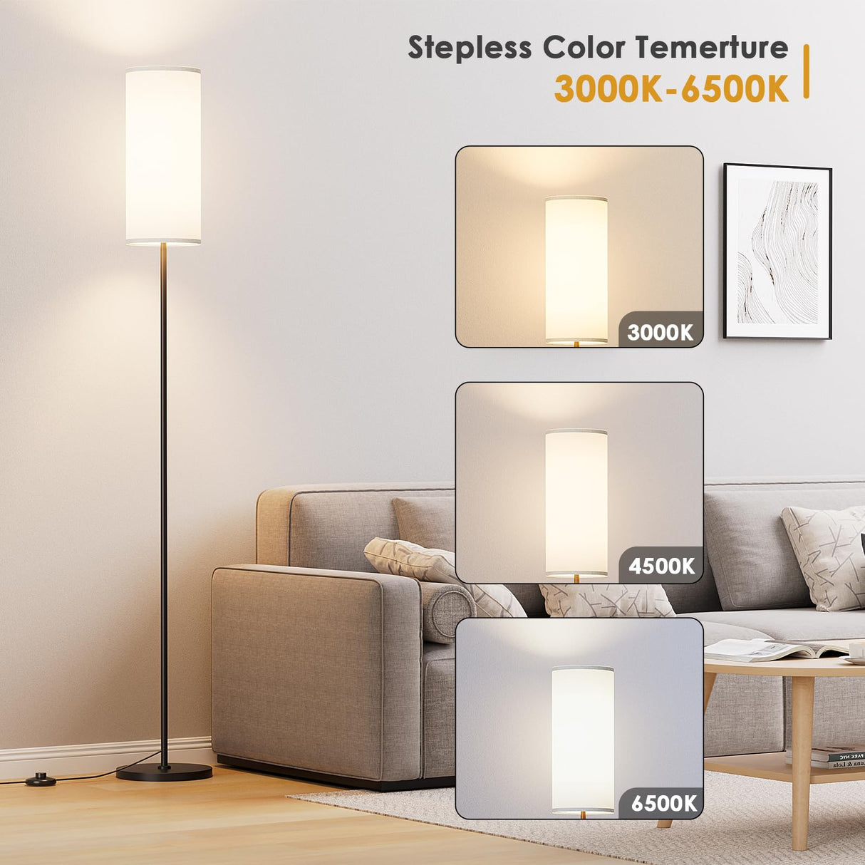 Karjoefar Floor Lamp for Living Room, Modern Standing lamp with Remote Control, Stepless Dimmable 9W Bulb & Beige Lampshade Included, Black Pole Tall Floor Lamp for Bedroom Office Karjoefar