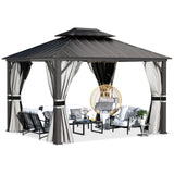 UDPATIO 10' x 12' Hardtop Gazebo, Galvanized Steel Double Roof Permanent Aluminum Gazebo, Outdoor Metal Pergolas with Mosquito Netting and Curtains for Garden, Parties, Patio, Deck, Lawns, Grey UDPATIO