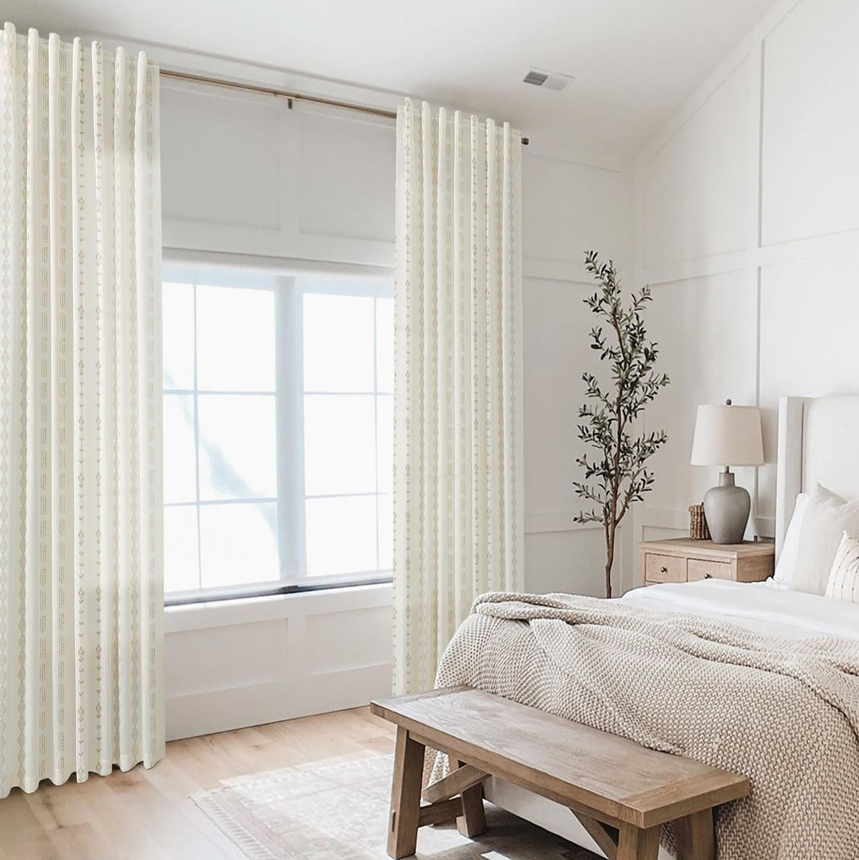 Neutral Farmhouse Curtains for Living Room 84 Inches Long,Taupe Cream Boho Light Filtering Sheer Patterned Modern Beautiful Linen Curtains with Floral Pattern Design Dining Room 84 Length 2 Panels Set Lino Rosa