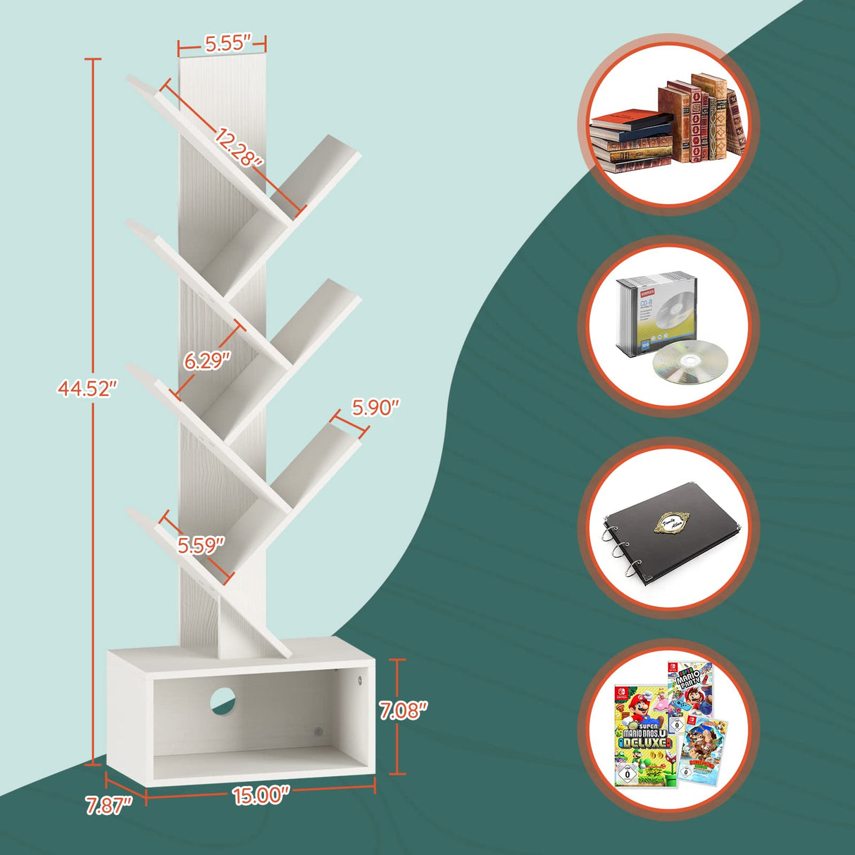 Yoobure Tree Bookshelf - 6 Shelf Retro Floor Standing Bookcase, Tall Wood Book Storage Rack for CDs/Movies/Books, Utility Book Organizer Shelves for Bedroom, Living Room, Home Office, White Yoobure