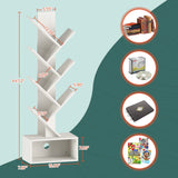 Yoobure Tree Bookshelf - 6 Shelf Retro Floor Standing Bookcase, Tall Wood Book Storage Rack for CDs/Movies/Books, Utility Book Organizer Shelves for Bedroom, Living Room, Home Office, White Yoobure