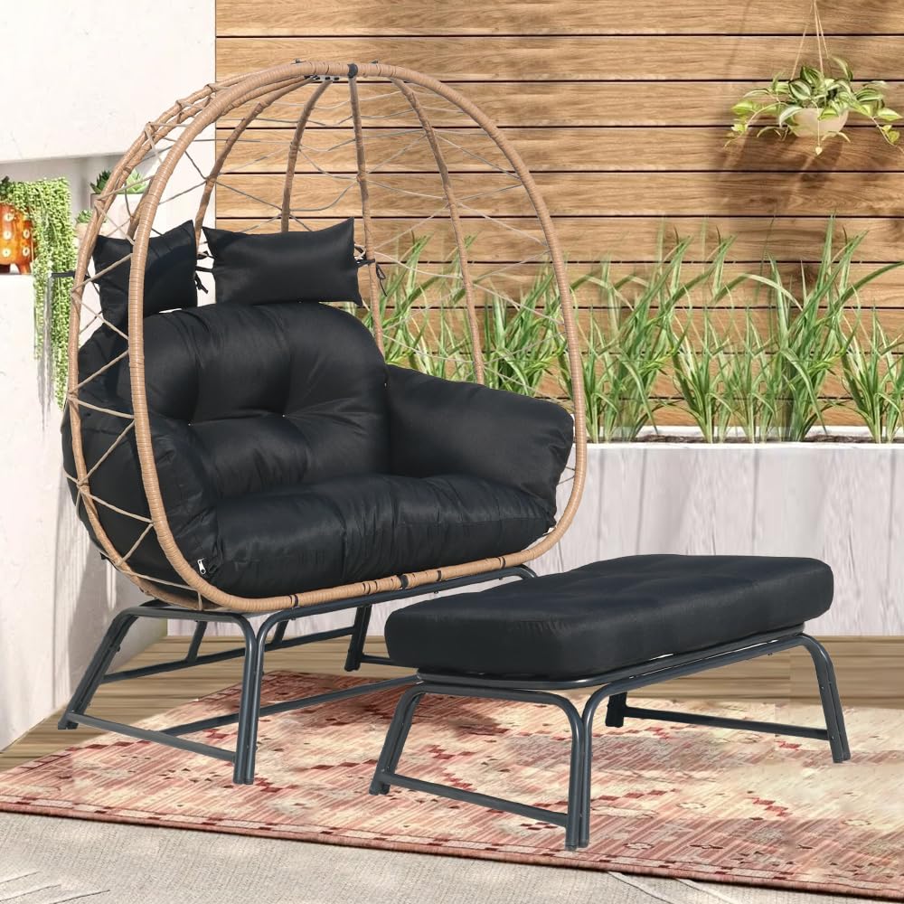Frxeyaliz Outdoor Double Egg Chair w/Ottoman PE Rattan Wicker Papasan Chair w/Cushion for Patio Bedroom Living Room Balcony Backyard Frxeyaliz