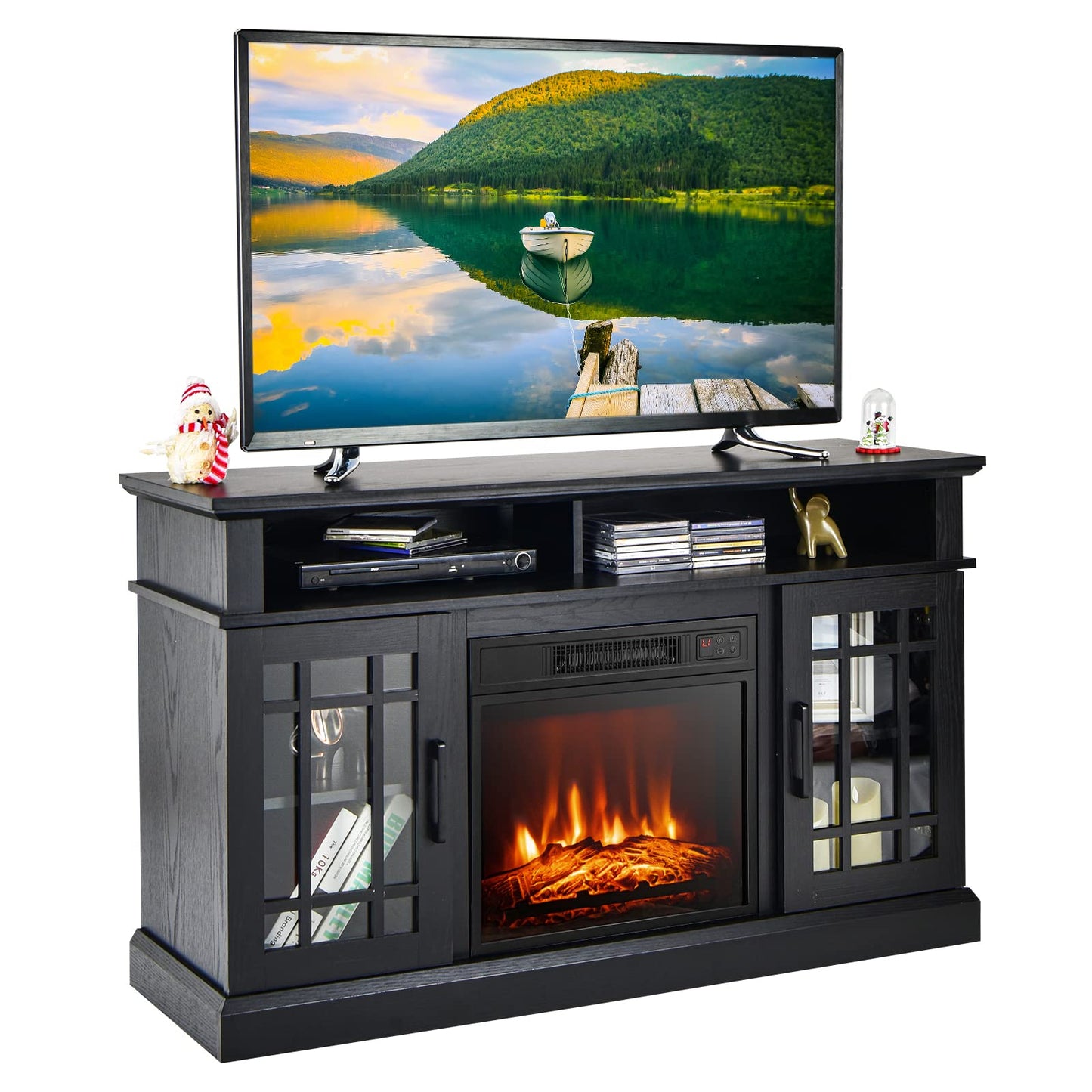 GOFLAME Fireplace TV Stand for TV up to 55 Inches, Freestanding Wood Entertainment Center with 18” Electric Fireplace, 48" TV Console Table with 2 Open Storage Compartments and 2-Door Cabinet, Black