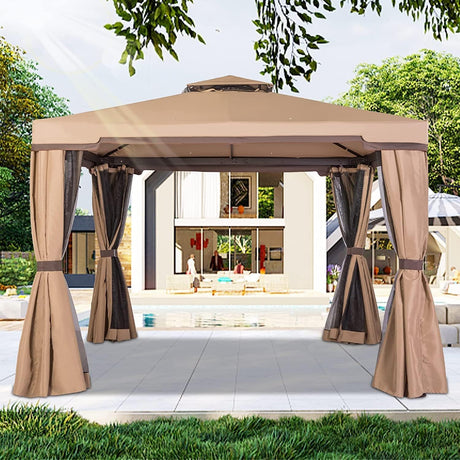 Oakmont 10' x 10' All-Season Permanent Soft-Top Patio Gazebo, Outdoor Gazebo Canopy with Net Drapery Mosquito Netting and Shade Curtains (Brown) Oakmont