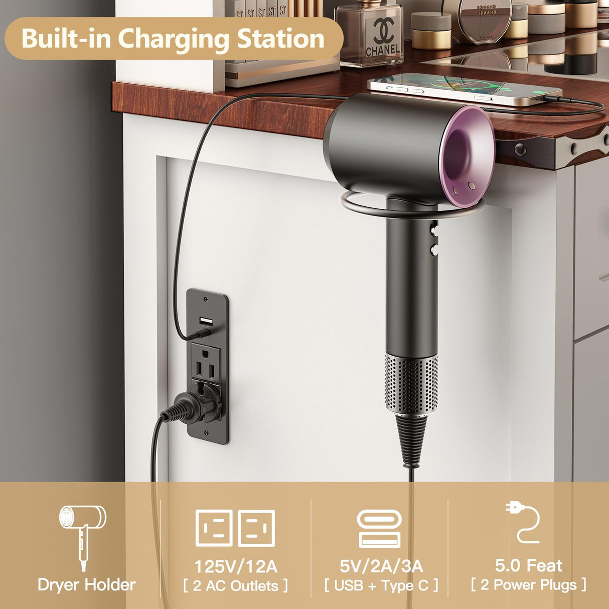 KOLIGEY Vanity Desk with Mirror and Lights, 45"W Farmhouse Makeup Vanity Desk with 44"W Lighted Mirror, Dressing Table with Glass Tabletop, 6 Drawers & 1 Cabinet Door for Bedroom, Dark Walnut & White KOLIGEY