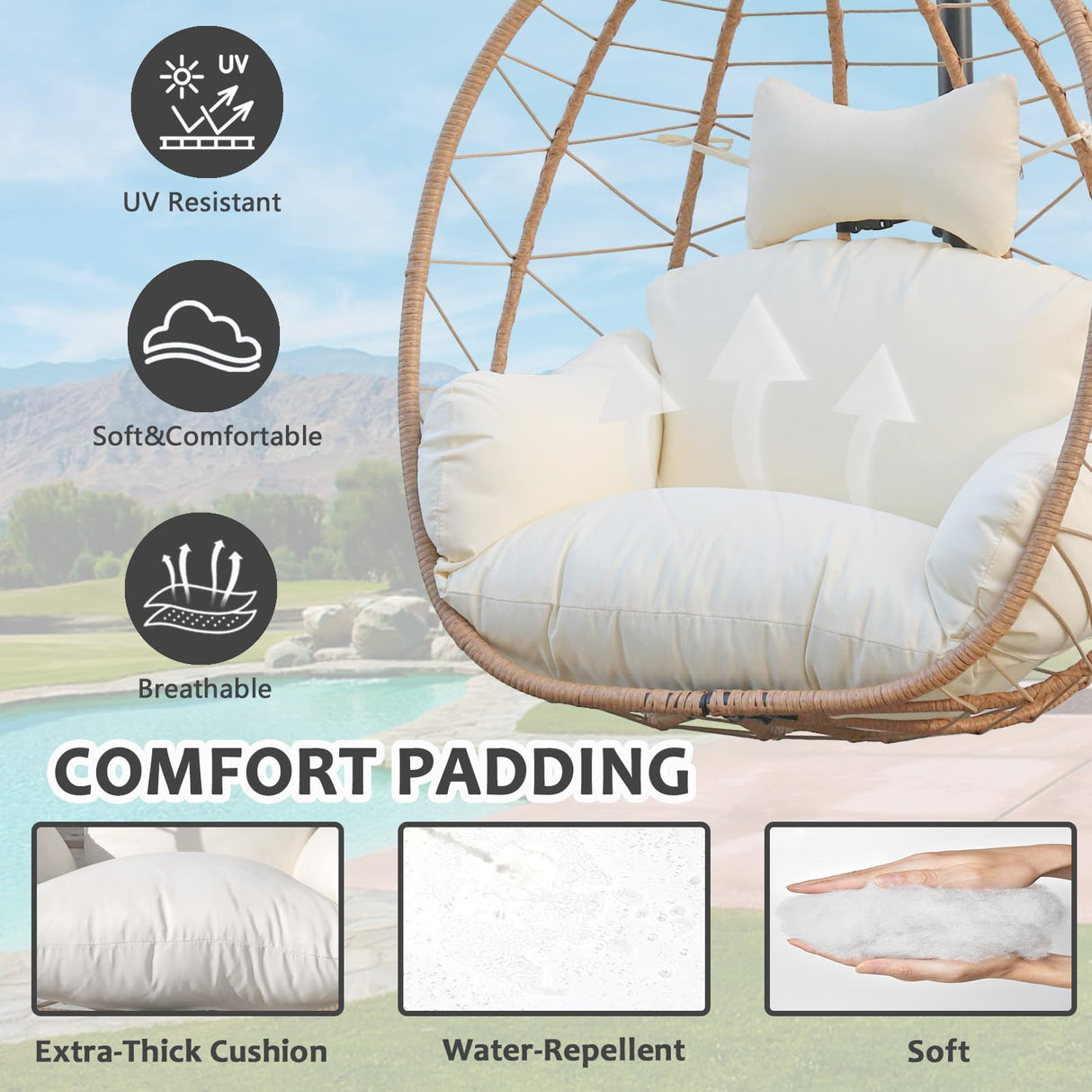 Egg Chair with Stand, Uv-Proof Pe Wicker Hanging Chair for Outdoor Patio, Cushioned Hammock Swing for Bedroom Garden Indoor/Outdoor, Double-Zipper Structure Hanging Egg Chair (Yellow and White) VERASCOT