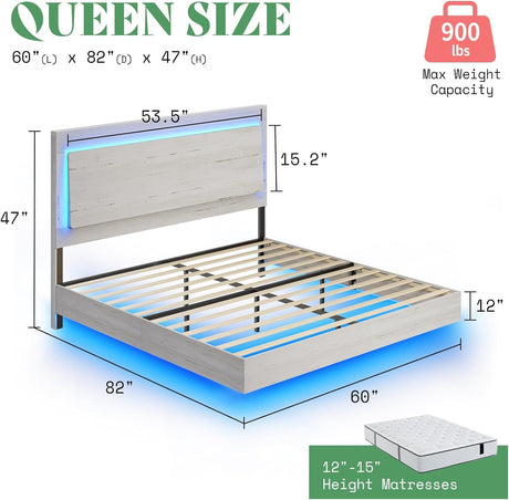 AMERLIFE Distressed White Floating Queen Bed Frame with Reclining Headboard and RGB LED Lighting AMERLIFE