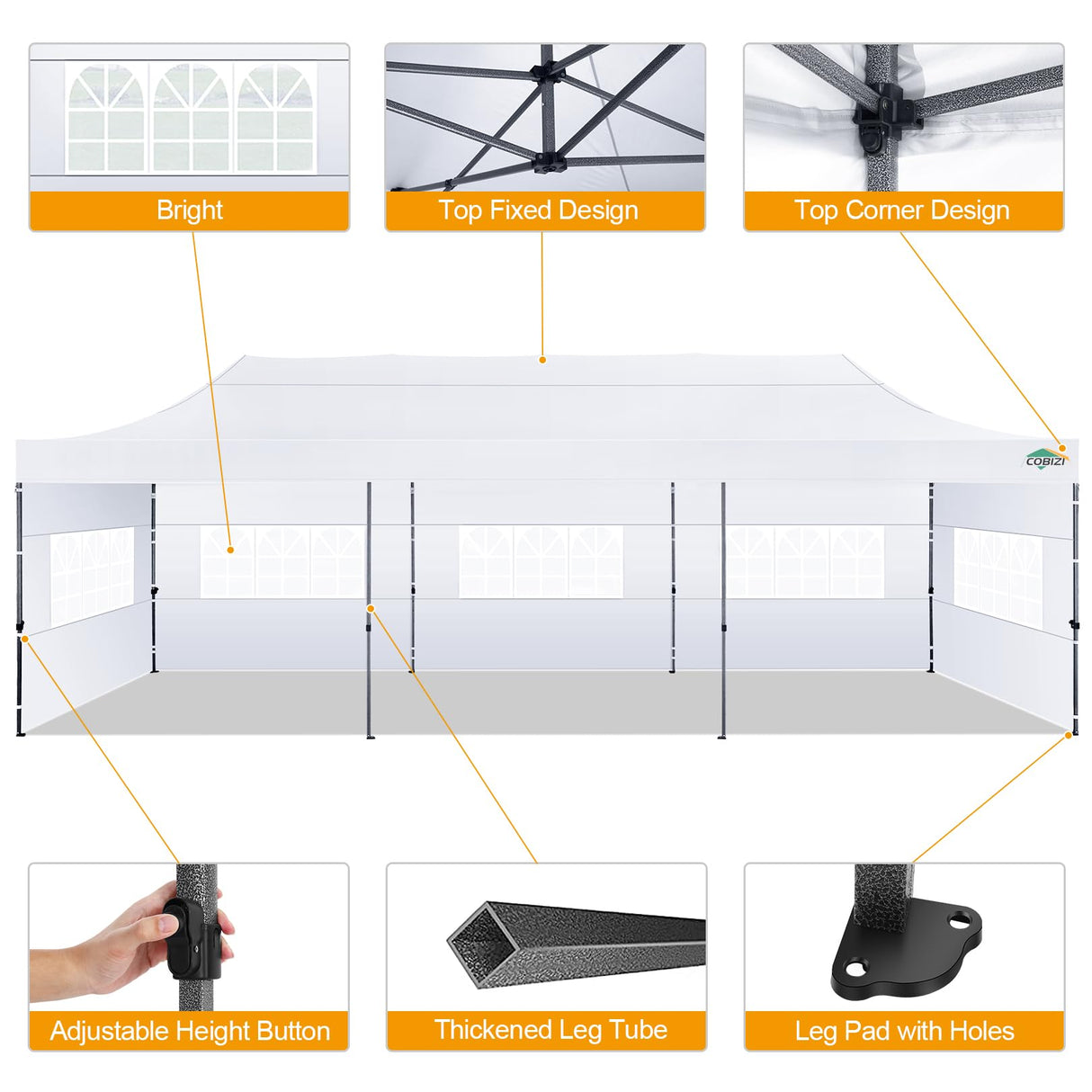 COBIZI 10x30 Pop up Canopy Tent 10x30 Canopy with 8 Sidewalls Waterproof Heavy Duty Commercial Canopy Tent for Parties Outdoor Tent Garden Gazebo Tent, Carry Bag with Wheel(10x30ft, White) COBIZI
