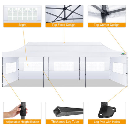 COBIZI 10x30 Pop up Canopy Tent 10x30 Canopy with 8 Sidewalls Waterproof Heavy Duty Commercial Canopy Tent for Parties Outdoor Tent Garden Gazebo Tent, Carry Bag with Wheel(10x30ft, White) - WoodArtSupply