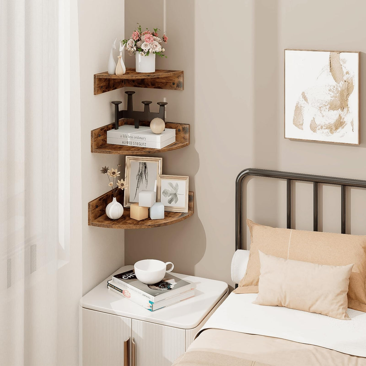 Homode Corner Shelf Wall Mount, Set of 3 Floating Corner Shelves with Cord Hole, 3 Tier Wood Wall Display Shelf, Storage for Bathroom Living Room Kitchen Bedroom, Rustic Brown and Black Homode