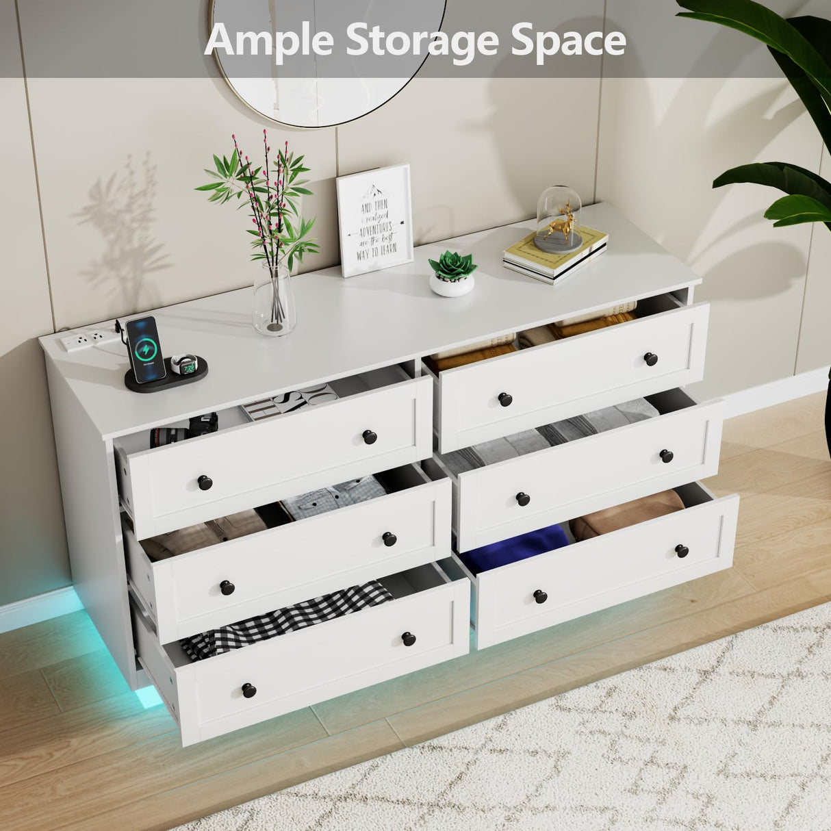 Loomie 6 Drawer Dresser, Modern Drawer Chests with Power Outlet and Led Light, Wide Chest of Drawers for Storage and Organization, White Dresser for Bedroom, Living Room, Closets, Entryway Loomie