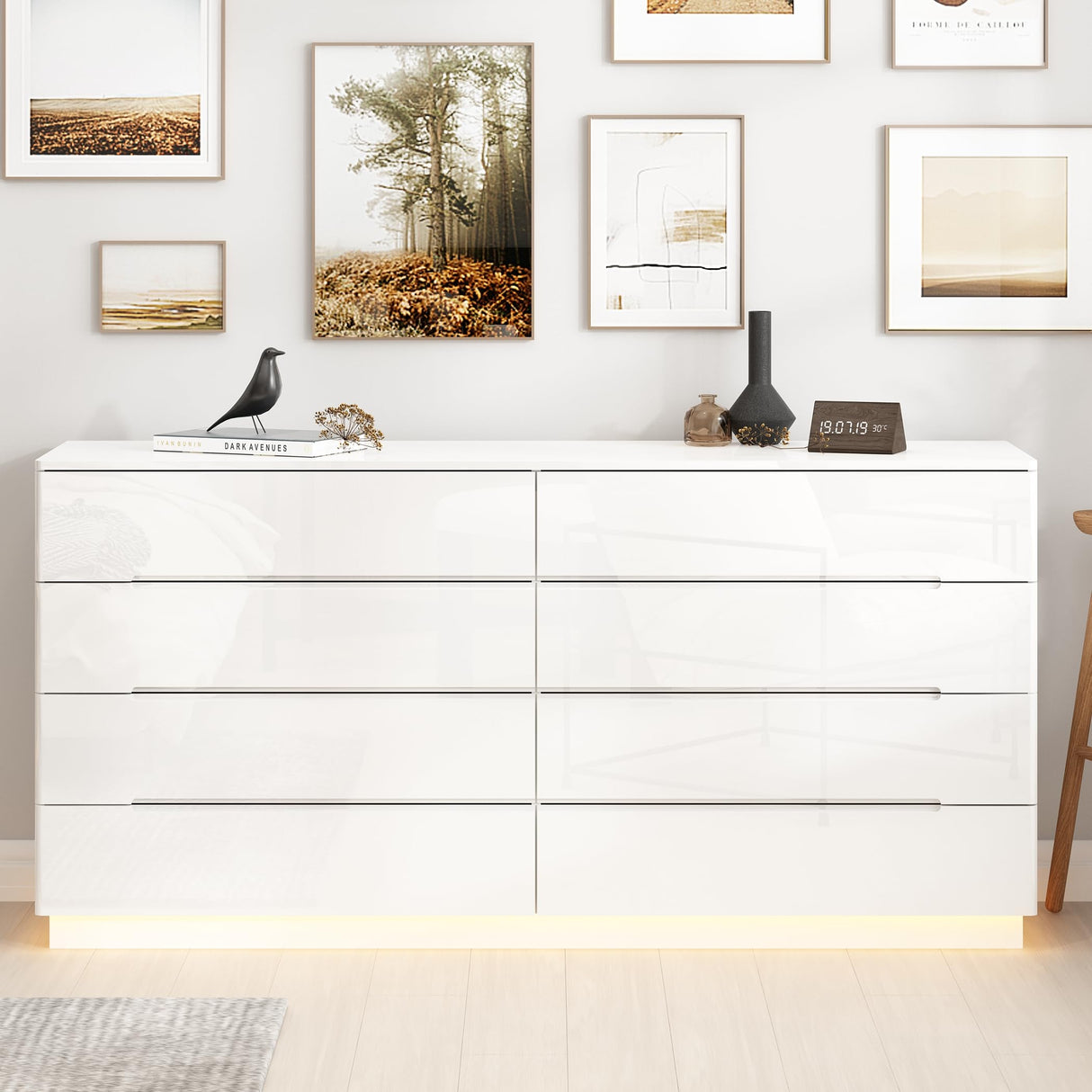 Homsee Large 8 Drawer Double Dresser with LED Light, Modern Dresser Chest of Drawers with High Gloss Surface for Bedroom, White (63”W x 15.7”D x 30.9”H) Homsee