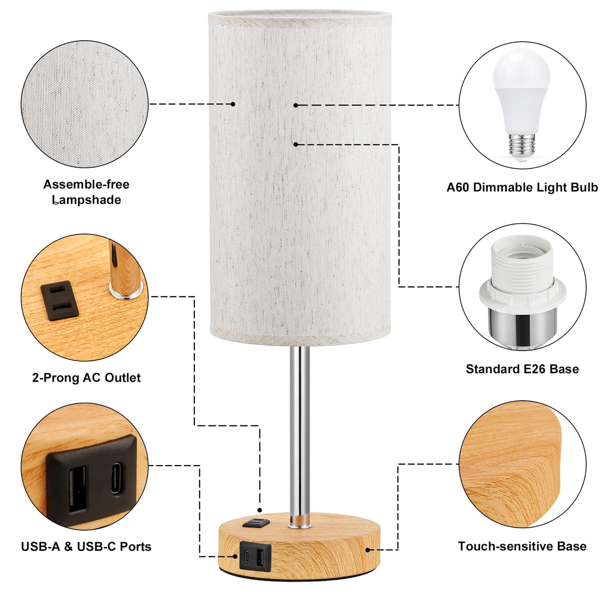Fenmzee Touch Table Lamp - Cream, 3-Way Dimmable, USB A + C Charging, AC Outlet, 17.4inch Medium, Wood Grain Base Fenmzee