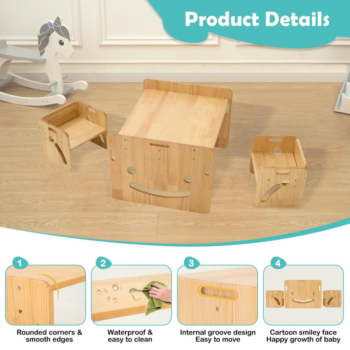 FUNLIO Height Adjustable Montessori Weaning Table and Chair Set for Age 1-3, Quality Solid Wood Toddler Table and 2 Chairs, Kids Table and Chairs for Reading/Eating/Playing,CPC Certified (3pcs Set) FUNLIO